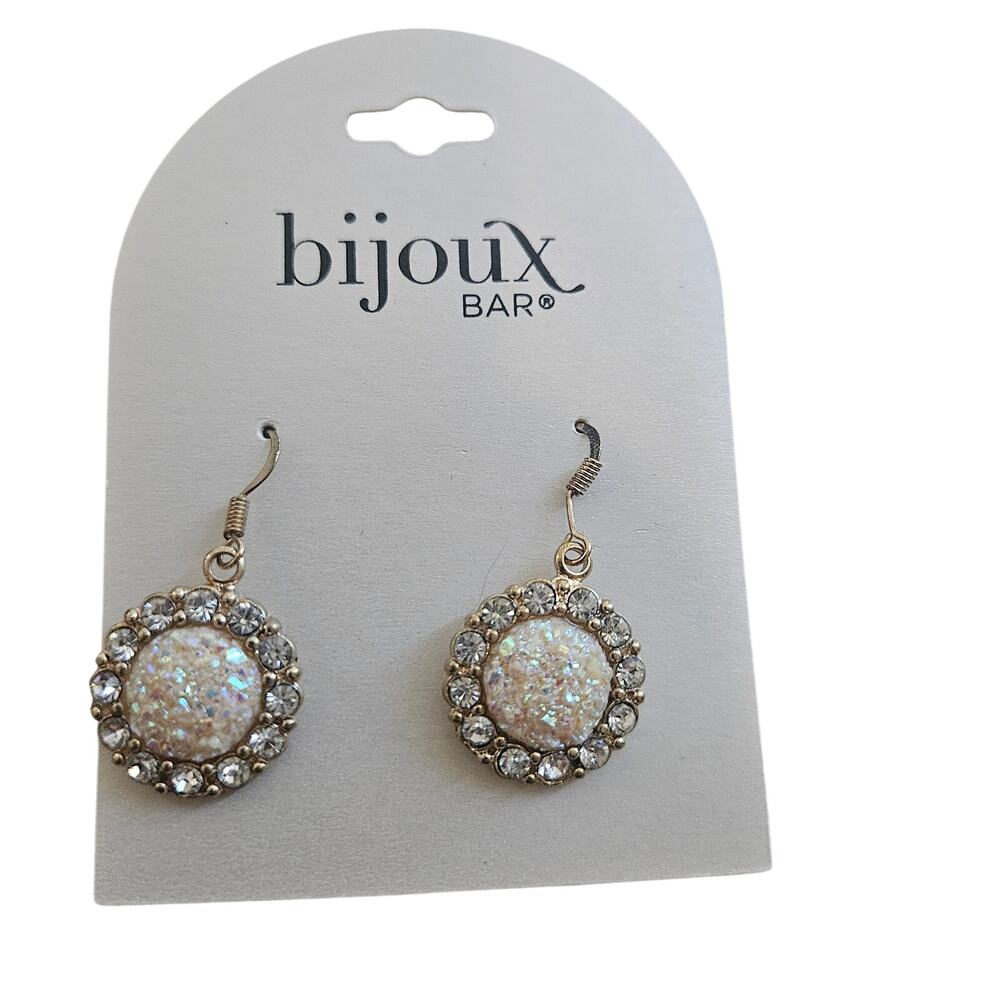 Bijoux Bar Rhinestone Drop Earrings Gold Tone Iridescent Druzy Style NWT $28